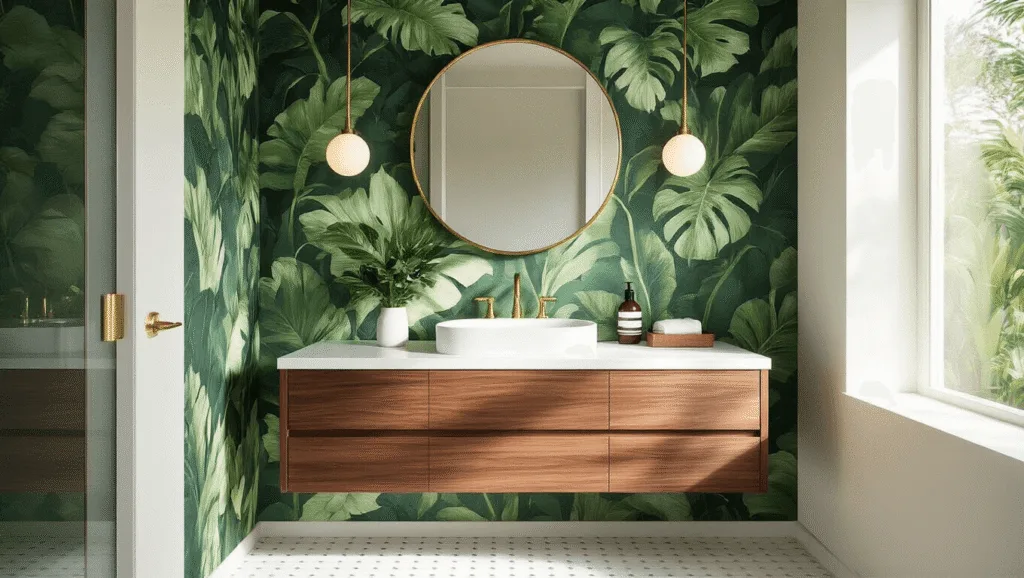 "Modern bathroom interior with green botanical wallpaper, a floating walnut vanity with brass fixtures, and white hexagonal floor tiles."