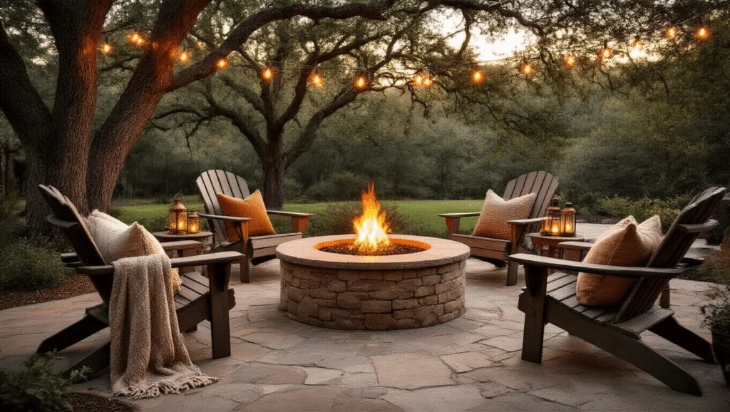 "Rustic backyard patio with stone firepit, Adirondack chairs, and vintage string lights at golden hour"