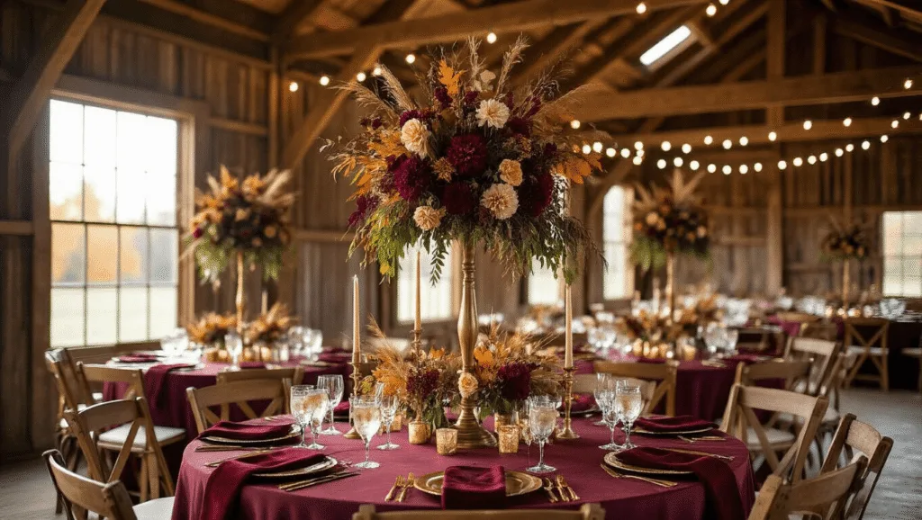 Fall Wedding Decor: Create a Magical Autumn Celebration That Wows Your Guests "Rustic barn wedding reception with burgundy and gold table settings, autumn floral centerpieces, and golden-hour lighting"