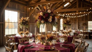 "Rustic barn wedding reception with burgundy and gold table settings, autumn floral centerpieces, and golden-hour lighting"