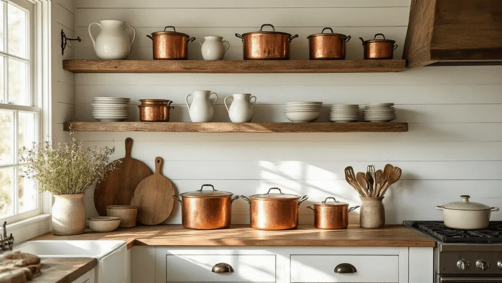"Rustic farmhouse kitchen with copper pots, wooden shelves, vintage utensils, ironstone collection, and warm natural light"