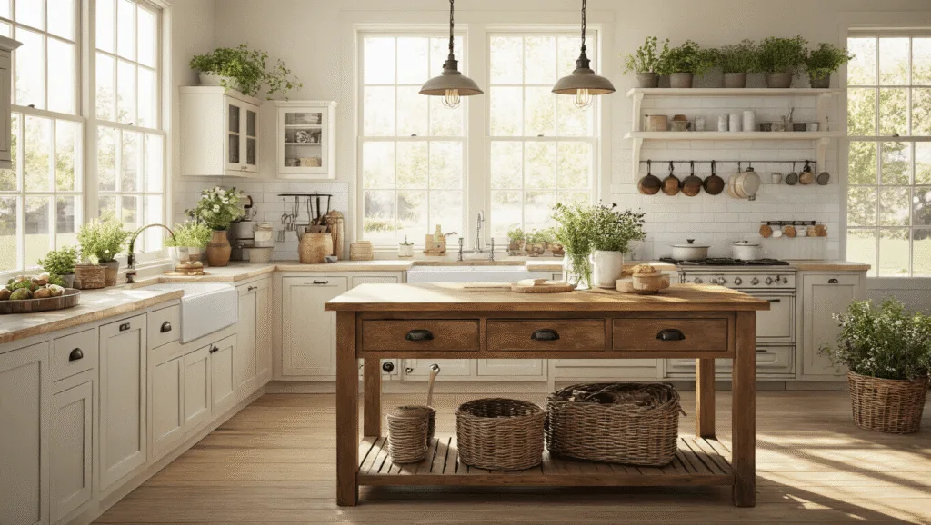 "Rustic farmhouse kitchen island with butcher block top, vintage hardware, and mason jars of fresh herbs under warm sunlight streaming through clean windows"