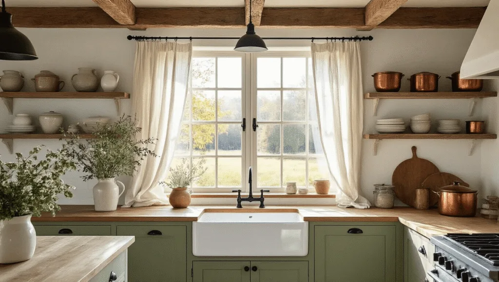 "Sunlit farmhouse kitchen with rustic elements featuring a white apron sink, open shelving with vintage pottery, wooden beams, and a sage green island under morning light"
