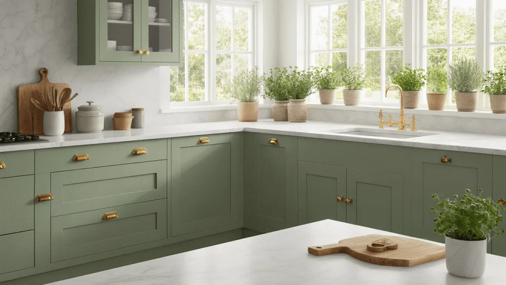 "Sage green kitchen cabinets with brass hardware, white quartz countertops and natural light streaming in through windows; also includes potted herbs and wooden cutting boards on a clean marble background."