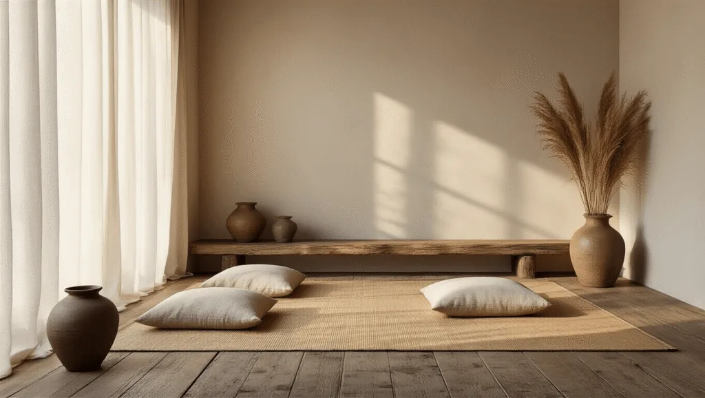 "Minimalist Japanese-inspired meditation corner with natural materials and earth tones, illuminated by soft morning light"