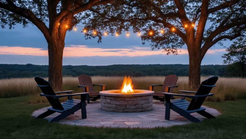 "Twilight scene with a stone fire pit, Adirondack chairs, string lights in oak trees, and a natural grassy landscape"