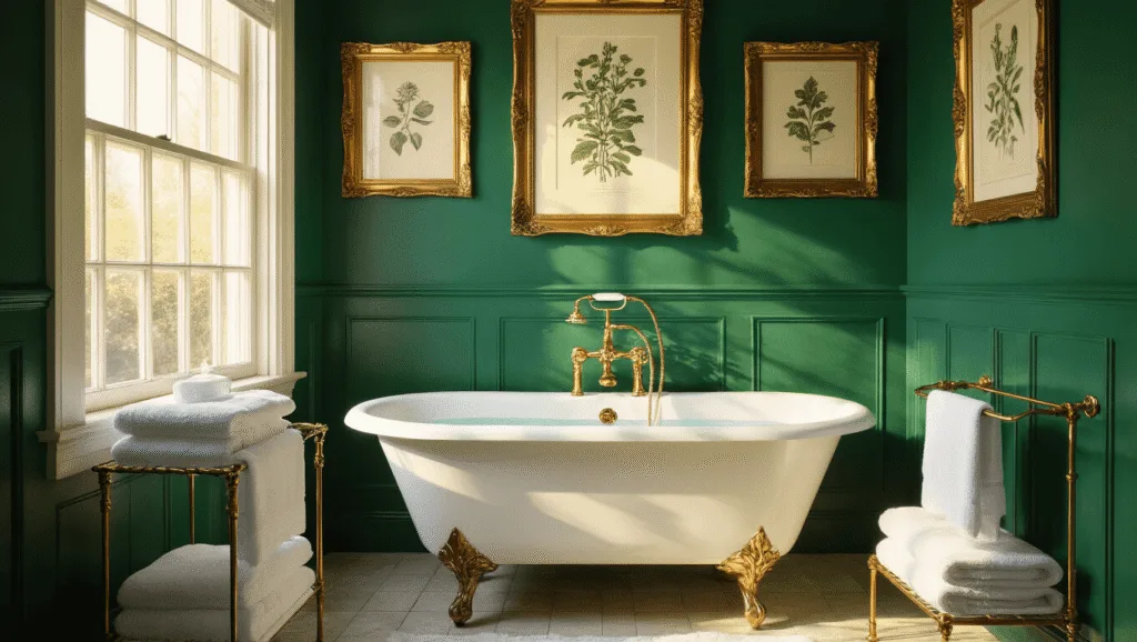 "Vintage bathroom with clawfoot tub, emerald green walls, gold-framed botanical prints, and warm golden light"