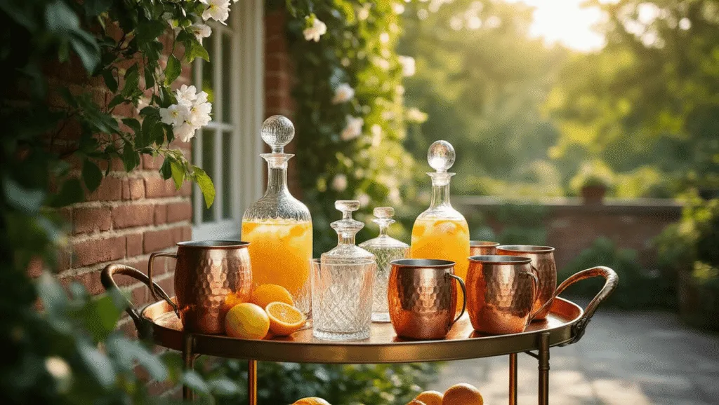 "Vintage drink cart with copper mugs and crystal decanters on a sunlit terrace, surrounded by mature oak trees and a climbing jasmine wall"