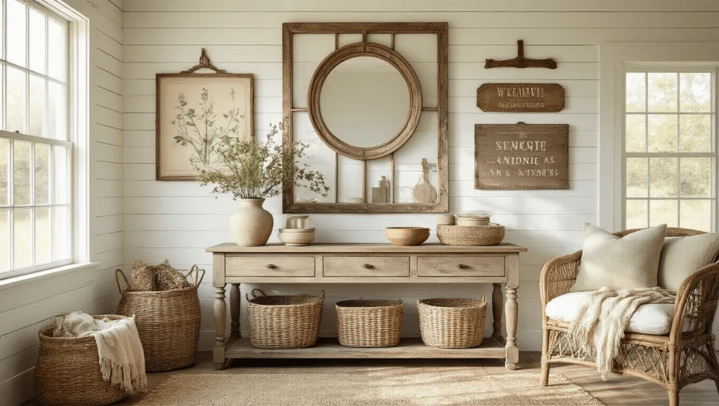 "Vintage-themed farmhouse living room with sunlight enhancing the cream and sage green decor of antique mirrors, botanical prints, and rustic wooden elements"