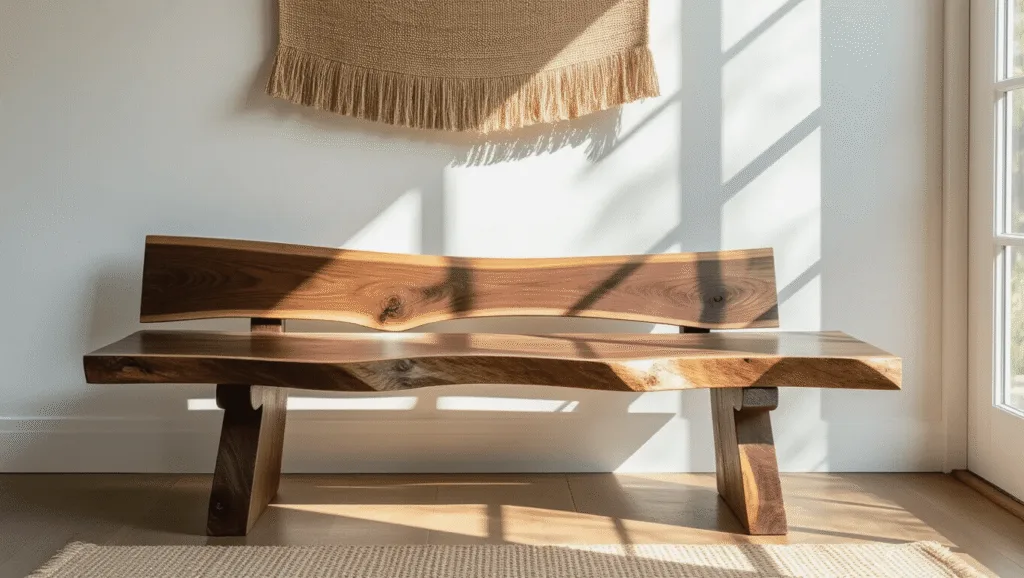 "Handcrafted live-edge black walnut bench against a white wall in soft morning sunlight, showcasing the wood's natural imperfections and grain patterns."