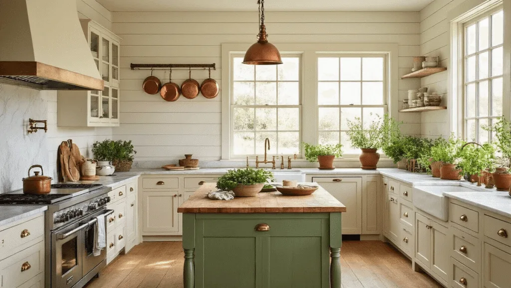 "Sunlit farmhouse kitchen with cream cabinets, sage green island, brass hardware, marble countertops, and copper pots, highlighted by warm golden hour lighting."
