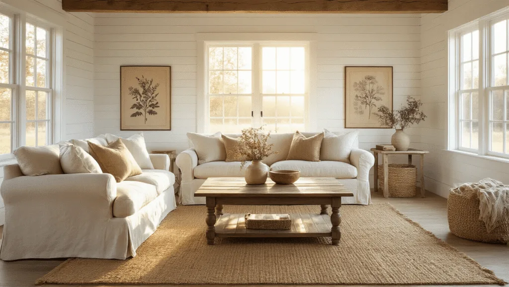 "Sunlit farmhouse living room with cream sofa, distressed wood coffee table, botanical prints, jute rug, and shiplap walls during golden hour"