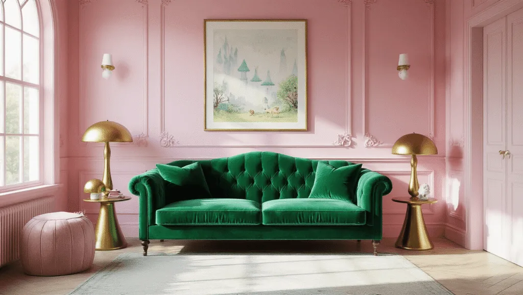 "Whimsical fairytale-themed living room with pastel pink walls, emerald velvet sofa, brass mushroom lamps, and fairy tale gallery wall bathed in soft, sunlit glow"
