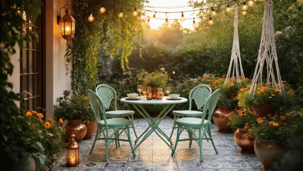 "Dreamy bohemian patio at sunset with a vintage mint-green bistro set, glowing copper lanterns, string lights, macramé plant hangers with trailing vines, and colorful wild flowers in ceramic planters"