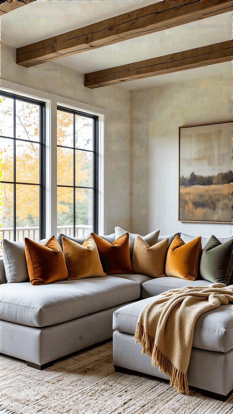 Elevated view of a rustic-modern open concept living space featuring exposed beams, L-shaped gray sectional adorned with fall-themed pillows in rust, gold and sage, styled with cozy throw blankets.