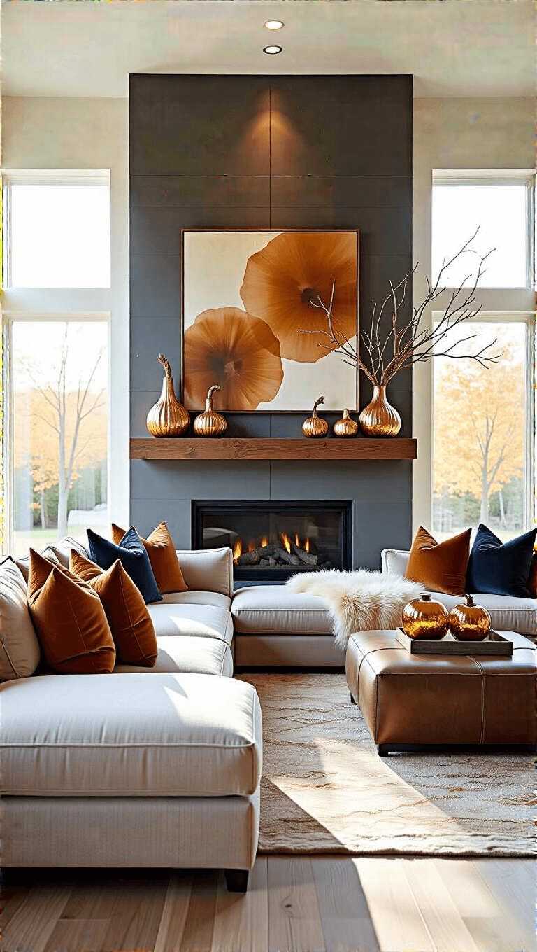 Modern harvest luxury-themed 16x20ft living room mid-morning, featuring a contemporary slate fireplace with metallic gourds and oak branches decor, a cloud-like greige sectional with faux fur throws and velvet pillows, and oversized abstract art in burnt orange and navy.