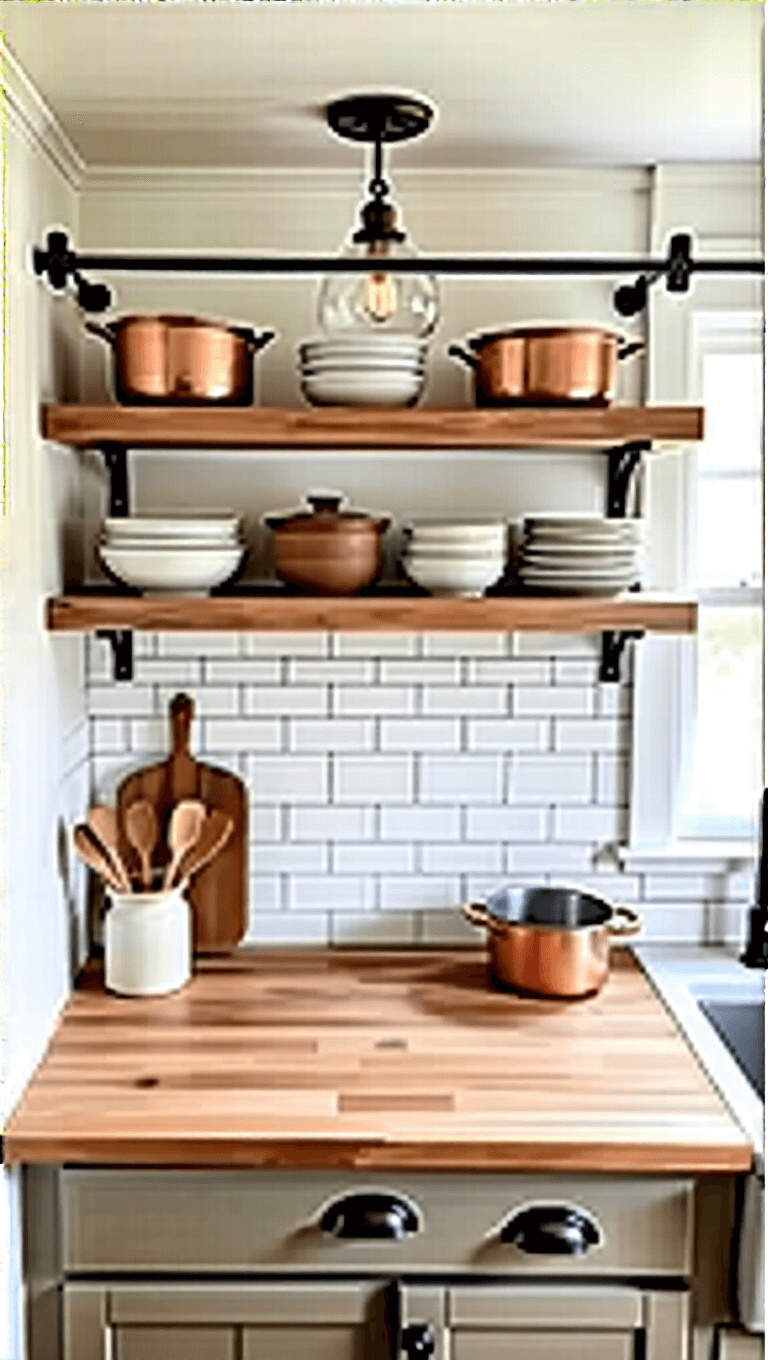 Overhead view of a compact 8x10ft farmhouse kitchen with weathered oak open shelving, vintage cutting boards, hanging copper pots and marble pastry surface in afternoon light.
