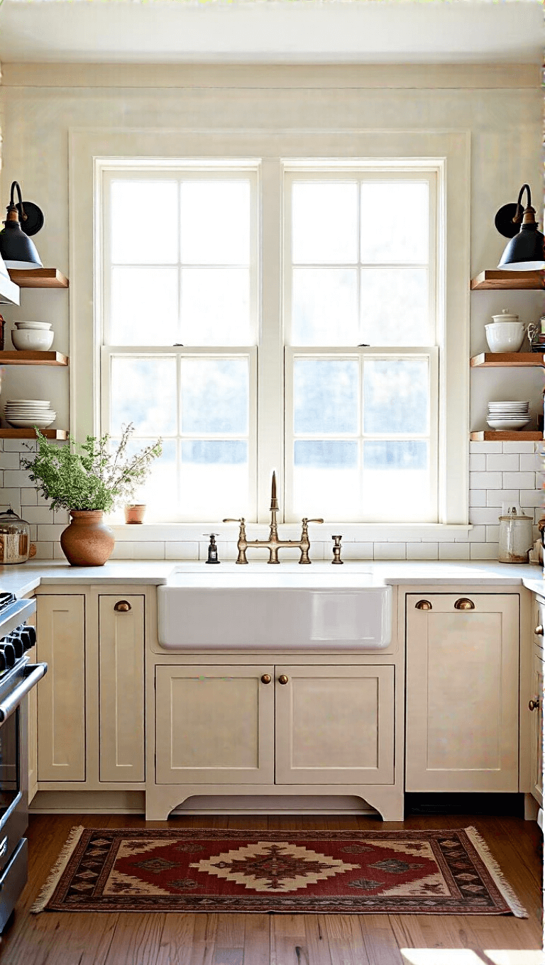 Afternoon sun-lit farmhouse kitchen with creamy white cabinetry, apron sink, brass pulls, black sconces, open shelving, vintage rugs, and mixed metal finishes.