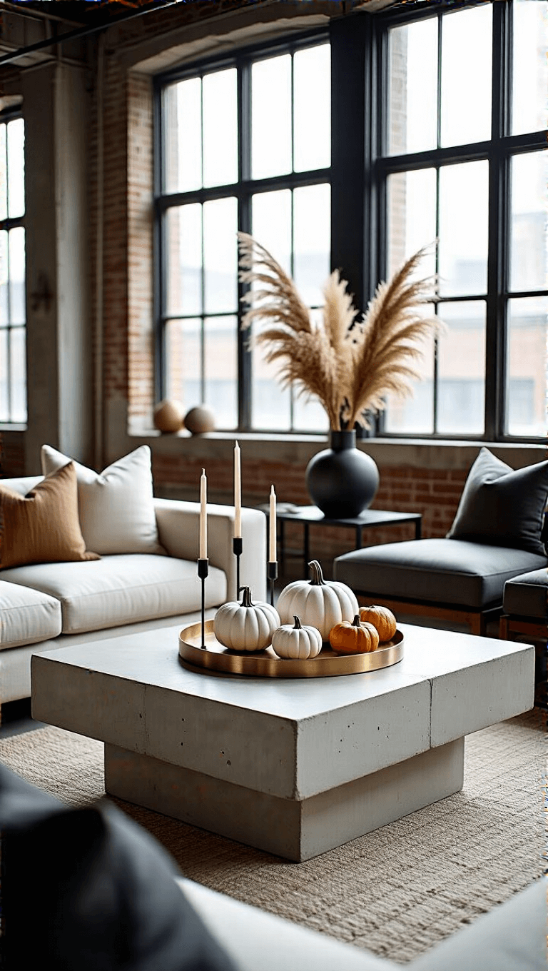 Aerial shot of a modern loft living area with warm white, black, and grey elements, geometric brass tray on coffee table, white ceramic pumpkins mixed with gourds, black candleholders and dried botanicals placed artistically. Late morning light is shining through factory windows, creating a dramatic urban yet cozy atmosphere.