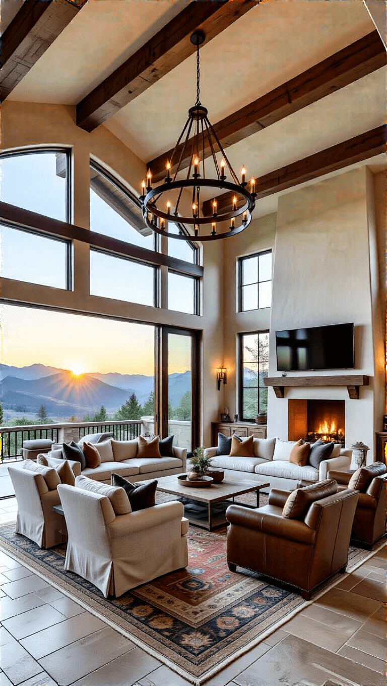 Luxurious 20x30ft great room at sunset with mountain views through double-height windows, leather and linen seating, oversized iron chandelier, stone flooring with vintage rugs, and massive wooden beams across white stucco ceiling, shot from a mezzanine.