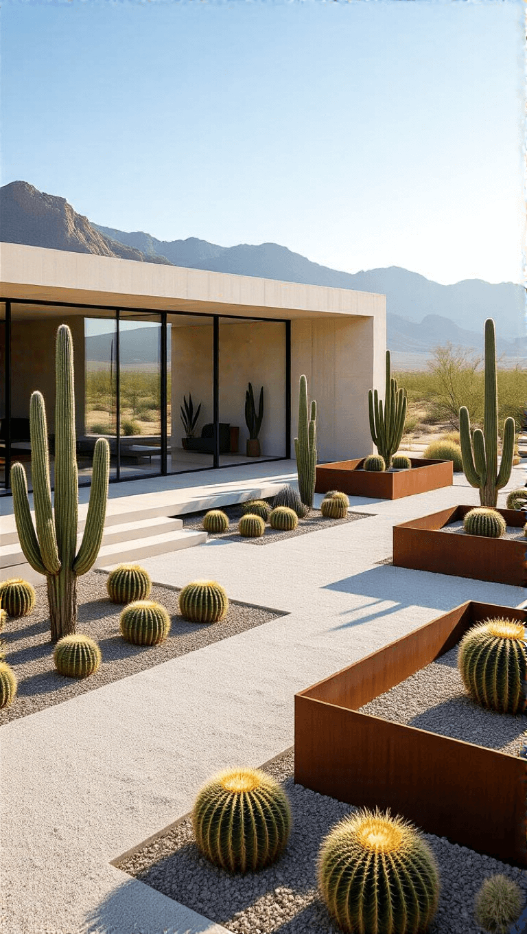 Drone view of a modern minimalist desert landscape with white crushed limestone, specimen cacti in cor-ten steel planters, and reflecting glass wall, under high-noon, high-contrast lighting.