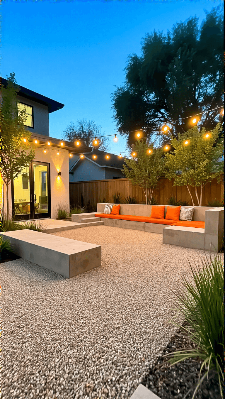 Contemporary family gravel courtyard with modern concrete seating, bright cushions, kids' play area and evening lighting in warm twilight ambiance.