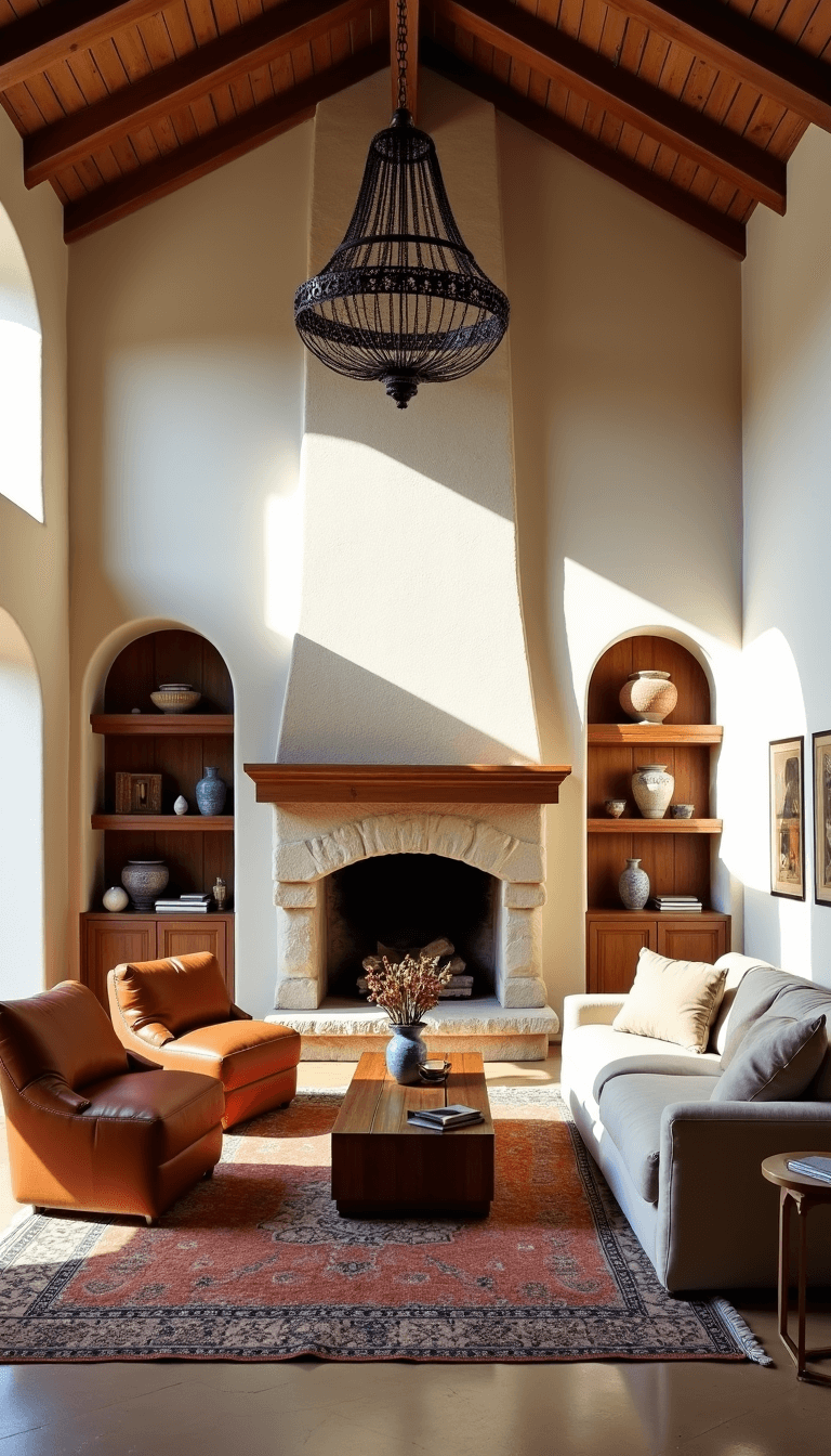Sunny living room with cathedral ceilings, exposed timber beams, stone fireplace, and rustic accents, filled with warm light from arched windows.