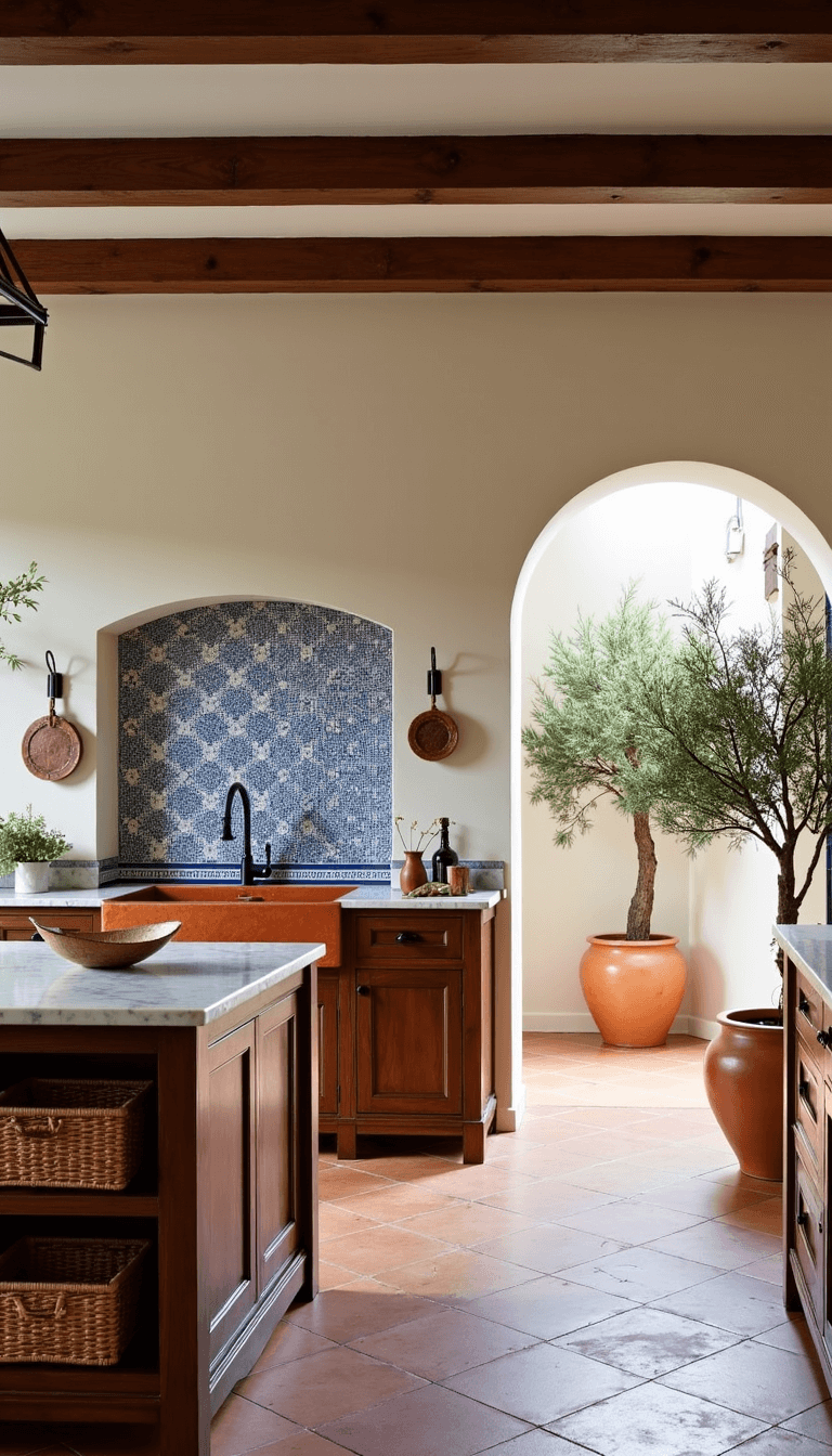 Bright and spacious Mediterranean kitchen with cream plaster walls, dark walnut beams, hand-painted blue and white tile backsplash, copper sink, terracotta floor tiles, marble countertops, rustic wooden island with basket storage, copper pots, dried herbs, and olive trees in ceramic planters by patio doorway.