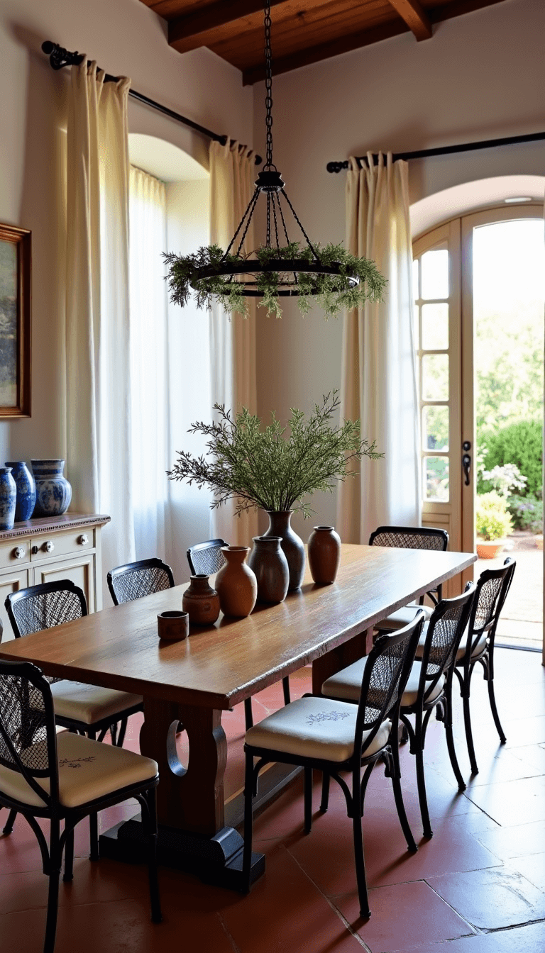 Intimate 12x14ft dining space bathed in pink evening light with antique wooden table set for six, wrought iron chairs, vintage credenza with ceramics, overlooking a Mediterranean garden