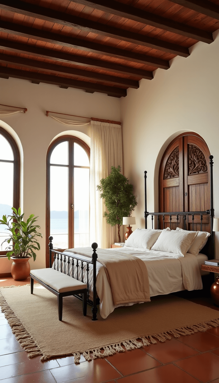 Master bedroom at dawn with ocean view through arched windows, warm ivory plastered walls contrasting with dark wooden ceiling beams, iron canopy bed with sand-toned bedding, vintage Moroccan rugs over terracotta tiles, ceramic table lamps, copper accents, and flanked by potted citrus trees.