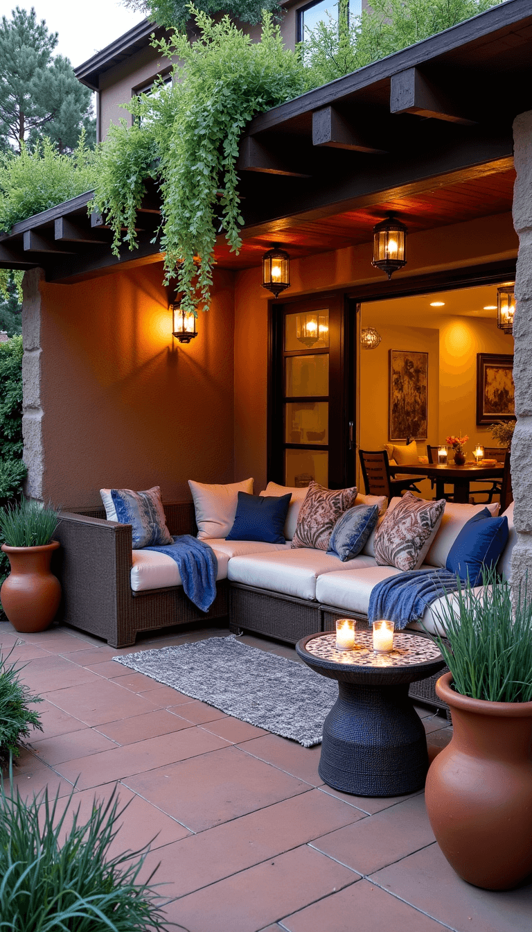 Covered patio with rough stone walls, built-in seating with blue and cream fabrics, vintage Kilim pillows, wrought iron lanterns, ceramic planters with lavender and rosemary, during sunset.