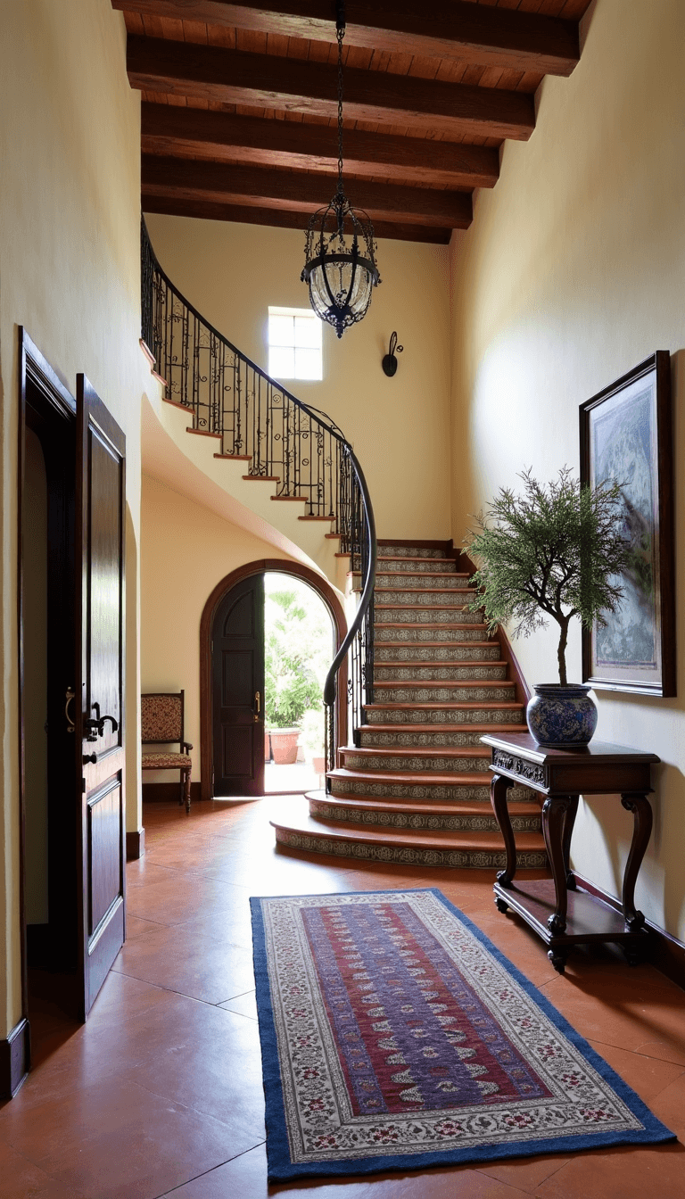 Dramatic two-story entryway bathed in afternoon light showcasing a curved staircase with handcrafted tile risers, a vintage runner on terracotta floors, and an arched wooden door leading to a courtyard.