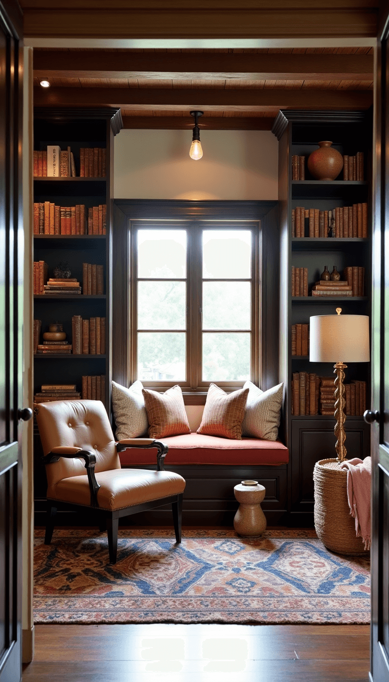 Cozy library nook with built-in dark wood bookshelves, terra cotta velvet window seat, aged brass floor lamp, vintage leather chair, ceramic garden stool, Mediterranean art on shelves, and Turkish rug in a late afternoon light setting.
