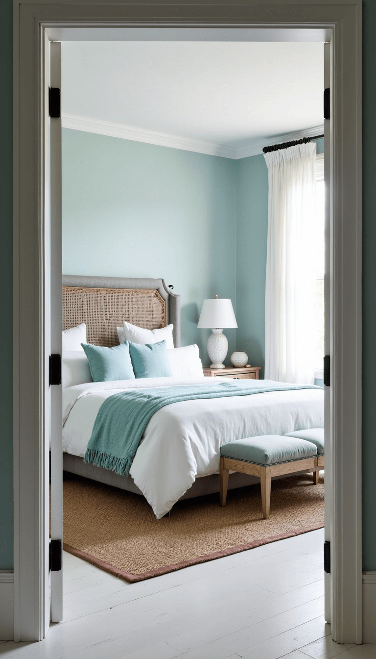Spacious 14x16ft bedroom with morning light through sheer curtains, king-size bed with white and sea glass blue linens, gray rattan headboard, pale blue-gray walls, jute and vintage aqua rug overlay, and bleached wood bedside tables with ceramic lamps.