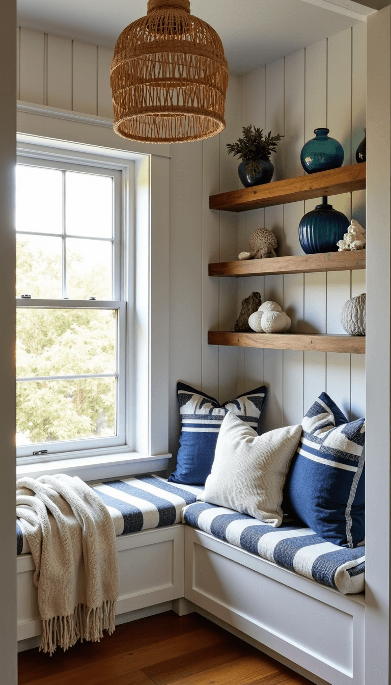 Cozy reading nook in afternoon light with white-painted walls, cushioned window seat, cream woolen throws, rattan pendant light, and oak shelves filled with seaside artifacts.