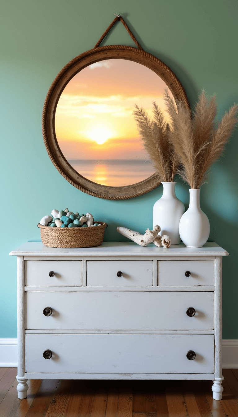 Vintage whitewashed pine dresser with mirror and coastal decorations against a seafoam green wall during sunset