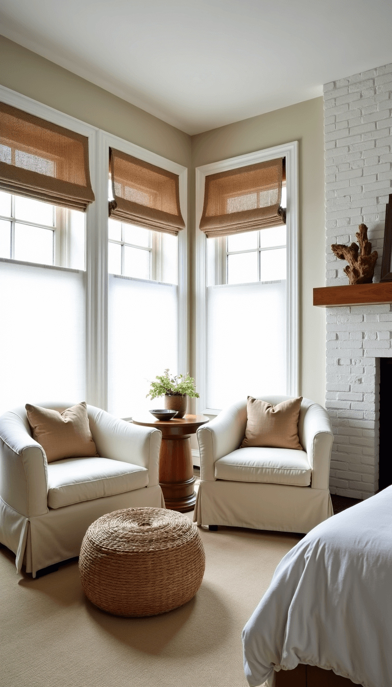 Master bedroom sitting area bathed in diffused midday light, featuring two linen bergère chairs, a weathered teak maritime-style table, jute pouf ottoman, and a whitewashed brick fireplace with driftwood decoration