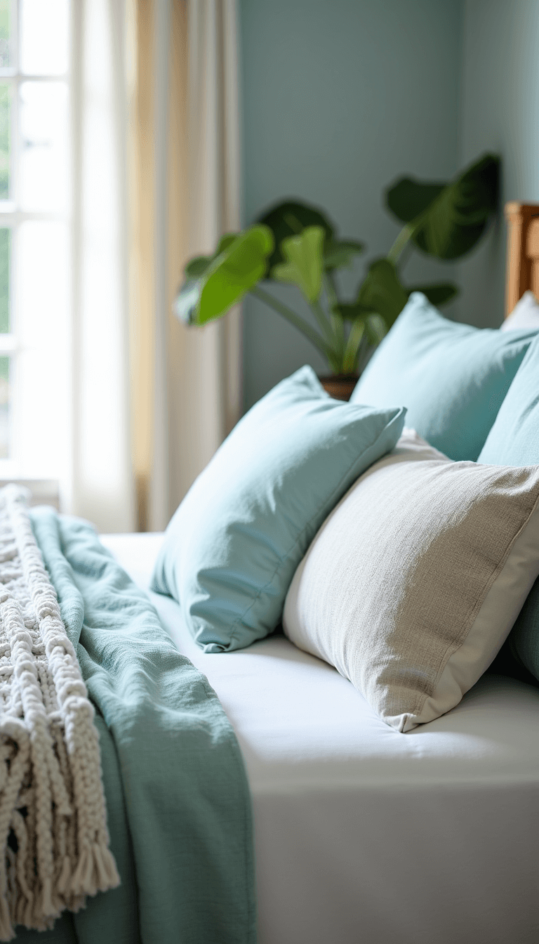 Close-up of a luxuriously styled king-size bed in morning light with layers of white and pale aqua bedding, and a variety of decorative pillows in coastal prints and elegant textures