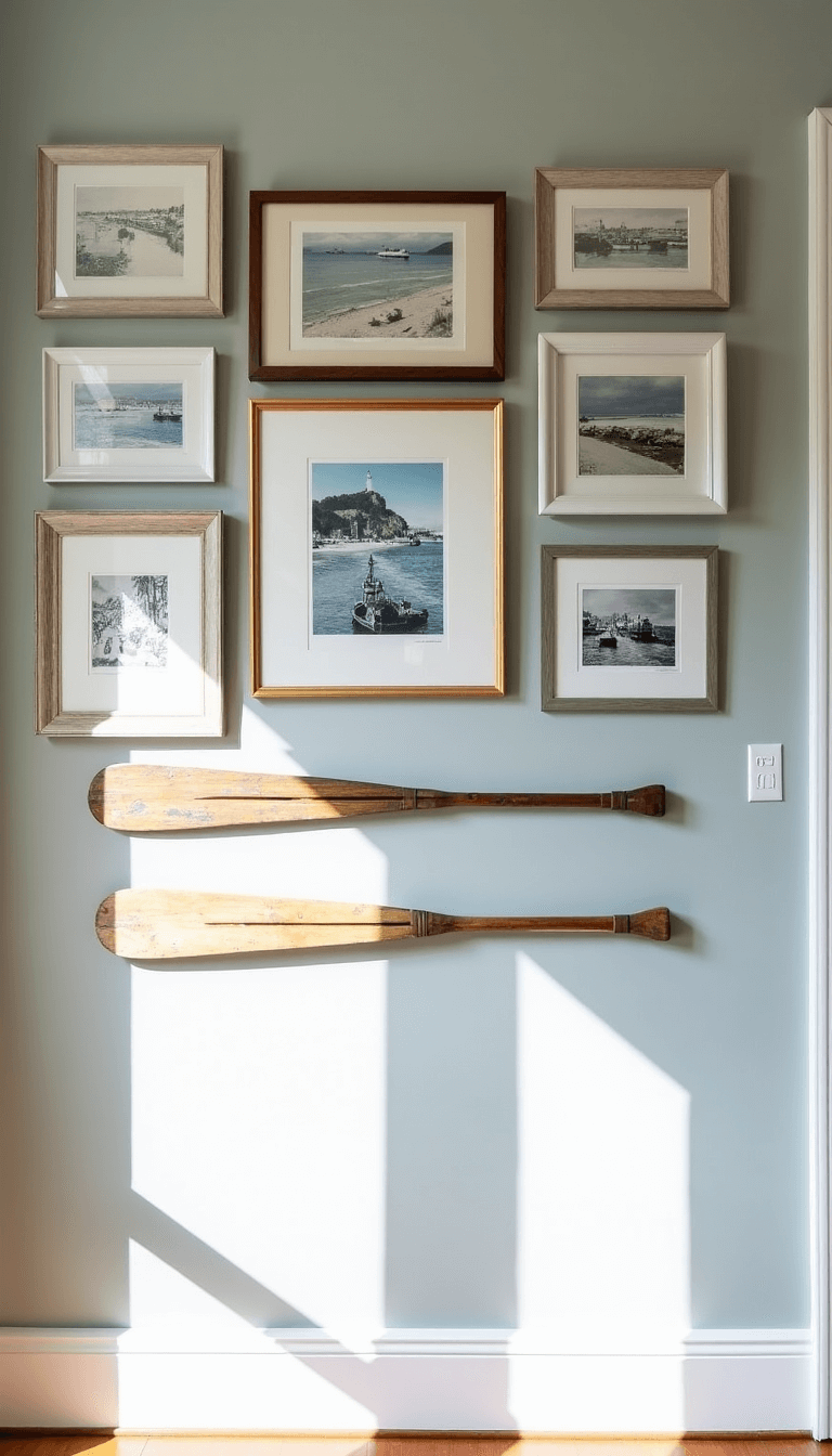 Coastal-themed gallery wall with vintage seaside prints, watercolors, and black-and-white photos in an array of white, wooden, and silver frames on a 'Sea Salt' colored wall, with vintage oars mounted below.