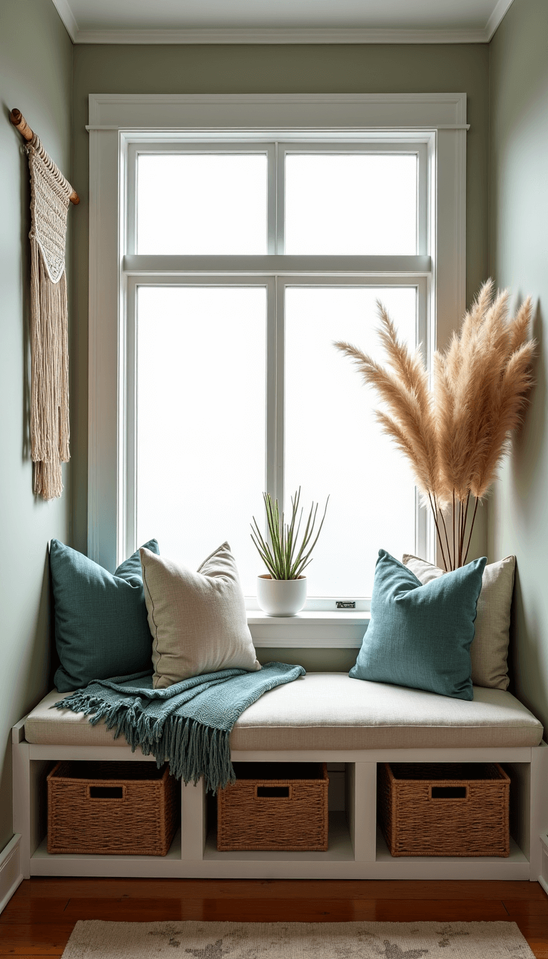 Meditation corner in a bay window alcove at dawn, featuring a built-in storage bench with woven baskets, neutral textured cushions, handwoven blue-green throw, macramé driftwood wall hanging, and potted coastal grasses in a foggy ethereal morning light.