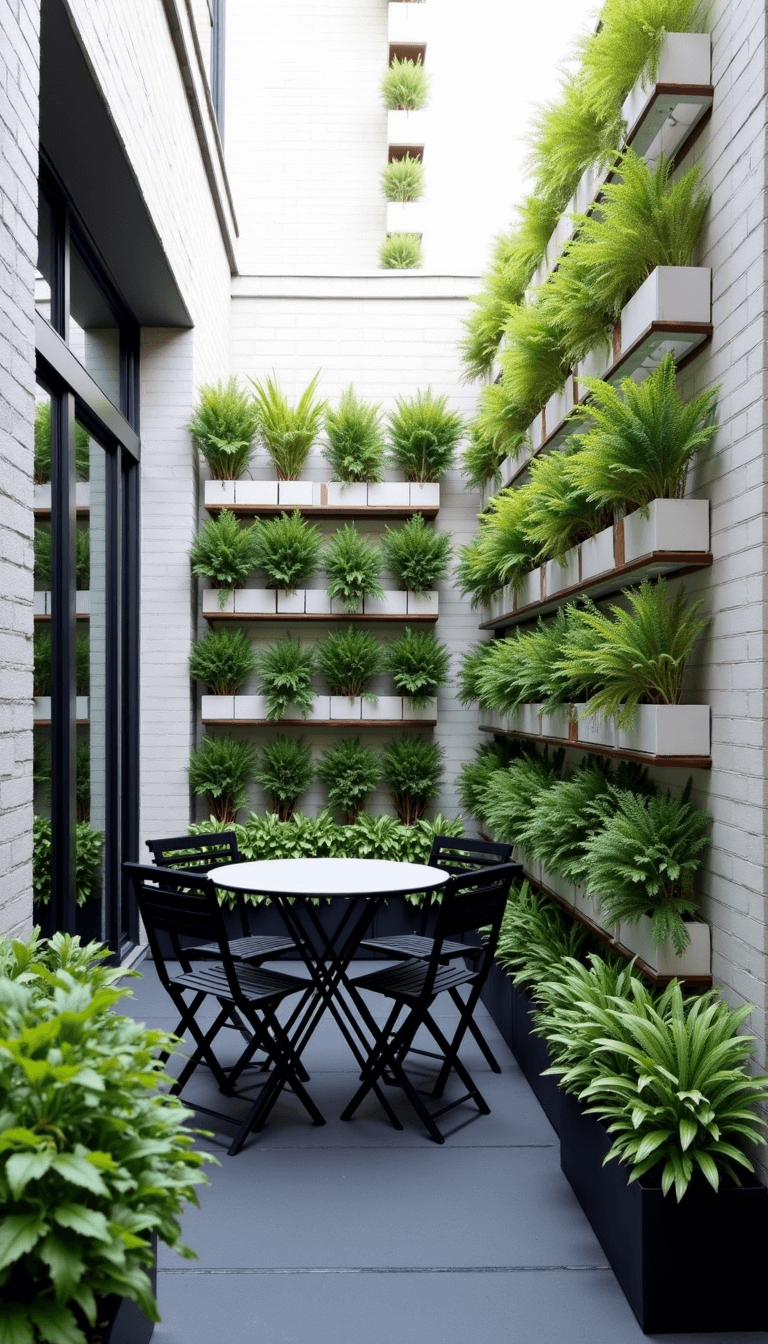 Mid-morning view of a 10x12ft courtyard garden with a modern minimal aesthetic, featuring charcoal concrete pavers, white brick walls, black metal furniture, a vertical garden wall with herbs and ferns in white planters, mirror panels, and a gray and green color palette with brass accents.