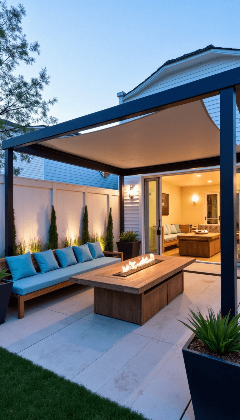 Twilight view of a contemporary 10x10ft coastal designed patio with limestone pavers, white privacy screens, teak dining bench with blue cushions, overhead pergola with LED lighting, and steel fire bowl.