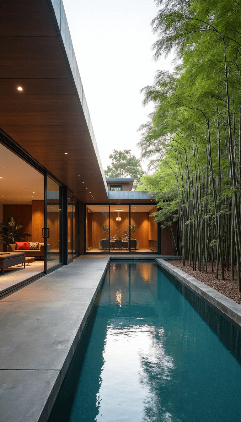 Contemporary courtyard with morning light flooding through strategic roof openings, reflecting on polished concrete floors and modernist infinity pool, surrounded by structured bamboo groves and floor-to-ceiling retractable glass walls.