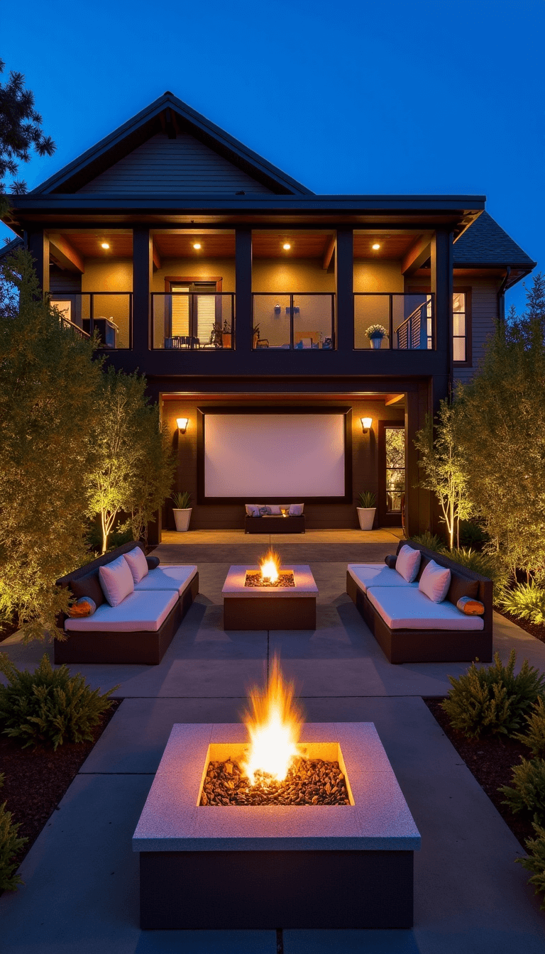 Illuminated entertainment courtyard featuring outdoor cinema wall with retractable screen, modular seating areas, landscaping with hidden sound system, and dramatic fire features.