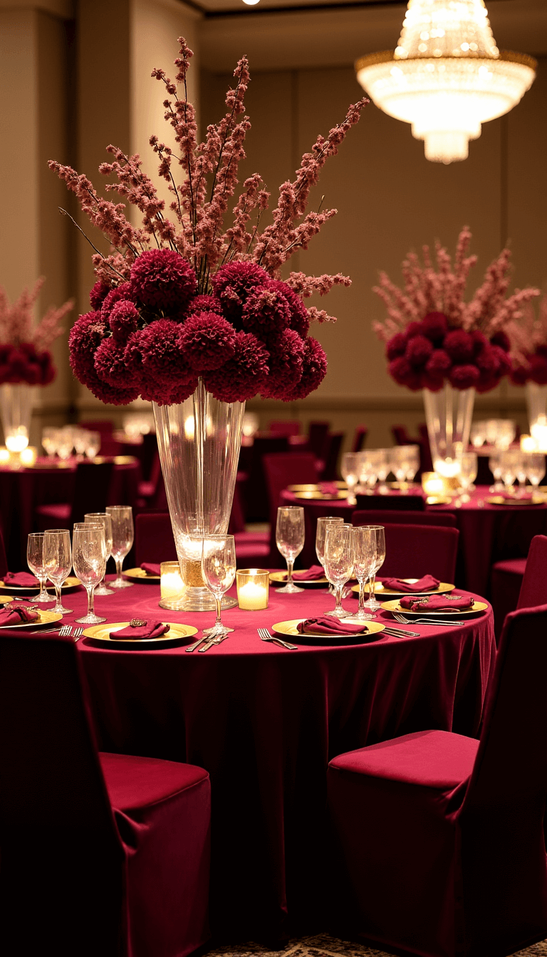 Dramatic balcony view of a 30x40ft twilight ballroom with round tables covered in deep wine velvet linins, decorated with tall glass vases of burgundy dahlias and gold-painted eucalyptus, antique gold chargers topped with burgundy silk napkins, under twinkling crystal chandeliers.