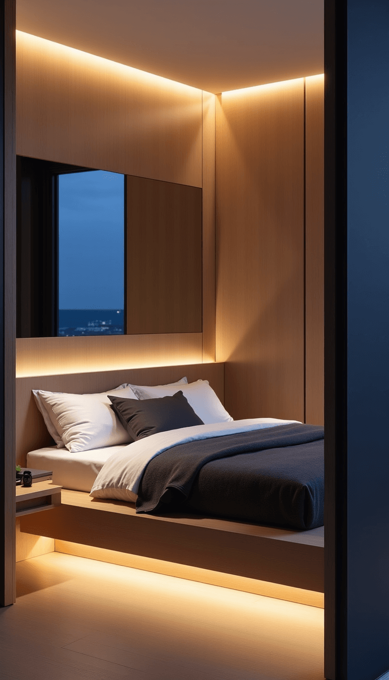 Cozy and minimalist 10x12ft bedroom at twilight with platform bed, integrated floating nightstands, indirect LED lighting, an oversized mirror reflecting deep blue light, and simple white and charcoal bedding.