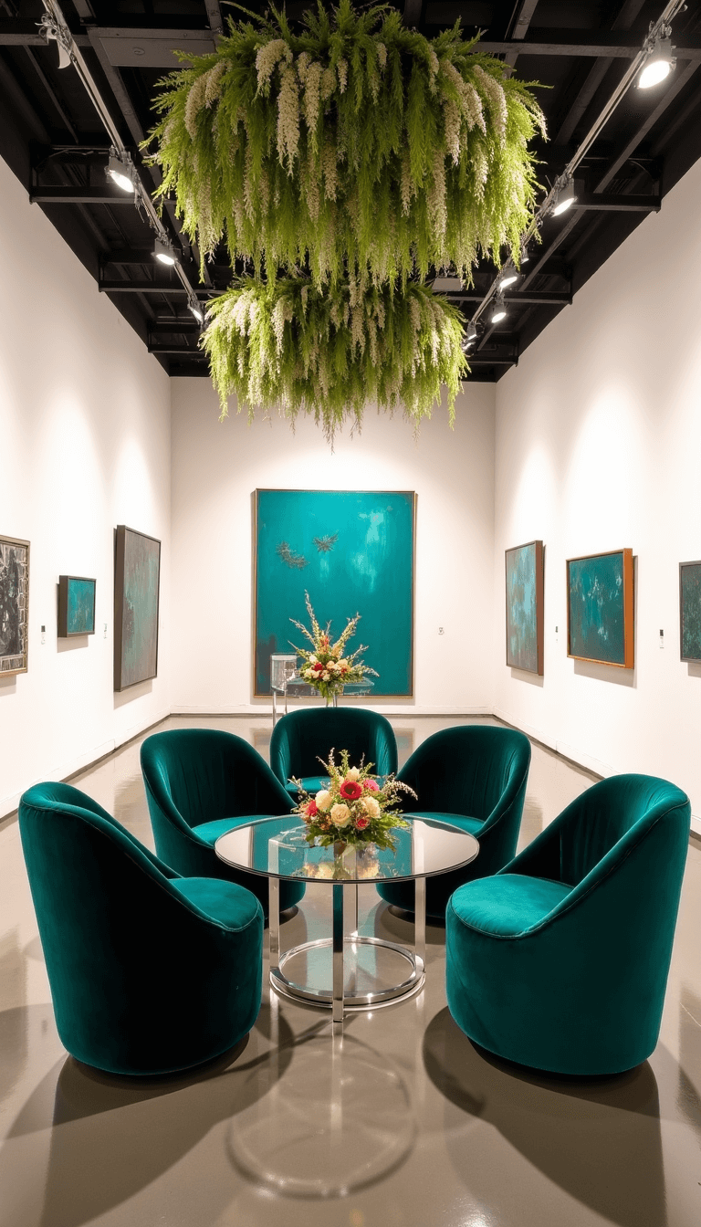 Modern white-walled urban art gallery with polished concrete floors, lucite bars, geometric velvet lounge areas in emerald and sapphire jewel tones; highlighted artwork, suspended floral installations, and gold accents.