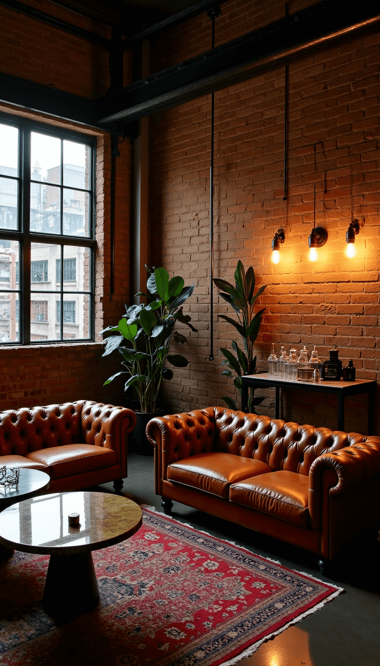 Overhead view of an industrial loft cocktail party in a converted warehouse featuring Chesterfield sofas, brass side tables, vintage rugs, and a gin bar with crystal decanters on a marble cart. The space is illuminated by Edison bulb installations and the color palette consists of cognac leather, blackened steel, brass, and hunter green accents.