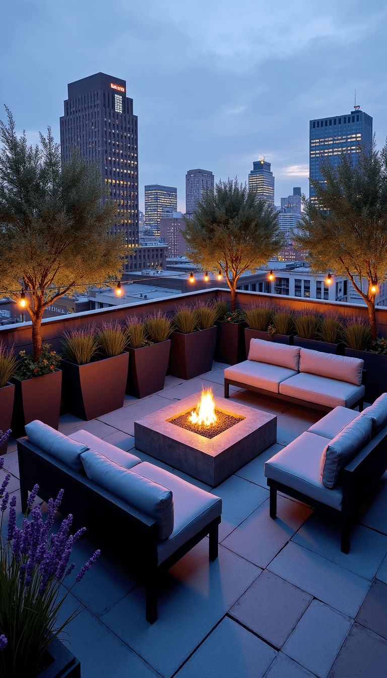 Modern rooftop garden party on a 45x45ft urban terrace at twilight, featuring city skyline views, weatherproof lounge furniture around a fire feature, potted olive trees, lavender divisions, and overhead string lights. Color palette includes charcoal, silver, mediterranean blue, and purple accents.