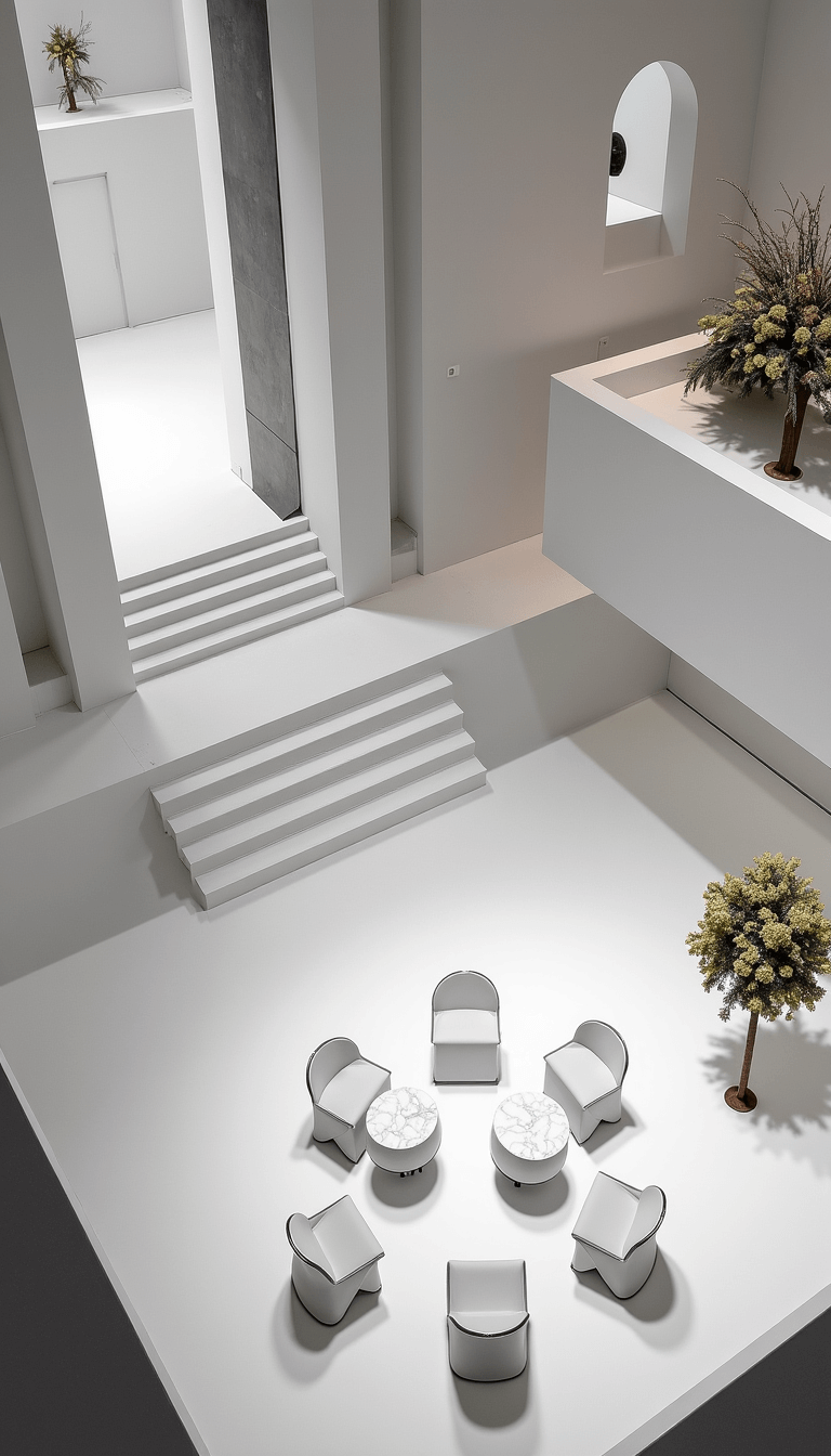 Overhead view of a contemporary, minimalist museum atrium featuring a dramatic, sculptural staircase, ghost chair groupings around white marble cocktail tables, architectural floral installations, and subtle pattern projection mapping after dark. The space is predominantly gallery white, clear acrylic, and black with a single bold color accent.